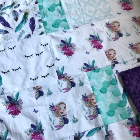 Mermaid Boho Patchwork Handmade Infant Minky Baby Blanket Quilt 40"x46" - Picture 3 of 4